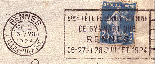 Flamme d´oblitération de Rennes
«5ème fête fédérale féminine de gymnastique 26-27 et 28 juillet 1924»