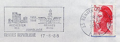 Flamme d´oblitération de Rennes République
«Jumelage Rochester (USA) - Rennes (France)»