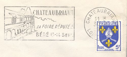 Flamme d´oblitération de Châteaubriant
Châteaubriant, sa foIre réputée - Béré 13-14 septembre 1956