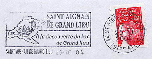 Flamme d´oblitération de Saint  Aignan de Grandlieu
«A la découverte du lac de Grandlieu»
Timbre à date avec mention tronquée «Loire Atl.»