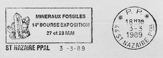 Flamme d´oblitération de Saint Nazaire
«Minéraux fossiles 14ème bourse exposition 27 et 28 mai»
Courrier en Port Payé 
