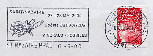 Flamme d´oblitération de Saint Nazaire
«27 et 28 mai 2000 25ème foire exposition MINERAUX - FOSSILES »