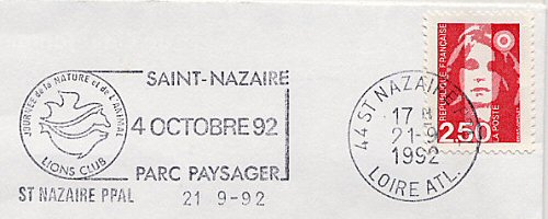 Flamme d´oblitération de Saint Nazaire
«Journée de la nature et de l'animal  LIONS CLUB octobre 92 Parc paysager»