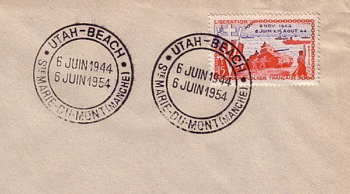 Timbre à date de Ste Marie du Mont
Premier jour  du 10ème anniversaire de débarquement «UTAH BEACH 6 juin 1944-6 juin 1954»