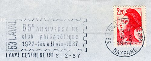 Flamme d´oblitération de Laval CTC
«65e anniversaire Club Philatélique Lavallois 1887-1992»  