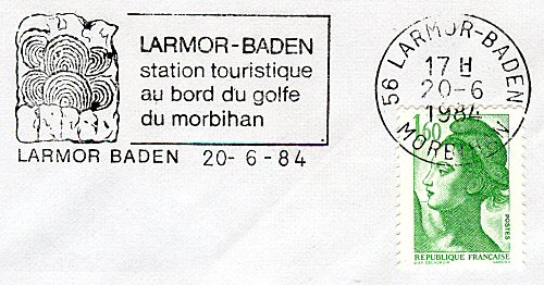 Flamme d´oblitération de Larmor Baden
«Larmor Baden station touristique au bord du golfe du Morbihan»