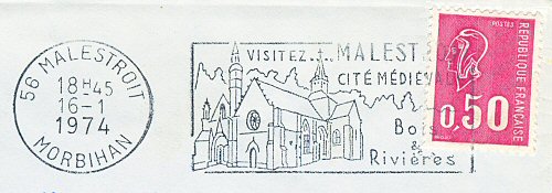 Flamme d´oblitération de Malestroit
«Visitez Malestroit cité médiévale - Bois & Rivières»