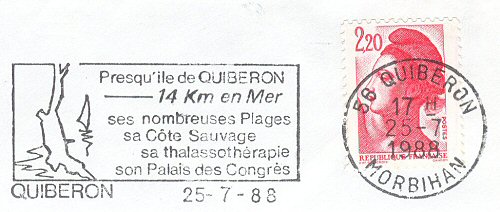 Flamme d´oblitération de Quiberon
«Pesqu'île de Quiberon 14 km en mer
Ses nombreuses plages, sa côte sauvage, sa thalassothérapie, son Palais des Congrès»