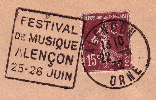Flamme d´oblitération d'Alencon
«Festival de musique Alençon 25-26 juin»