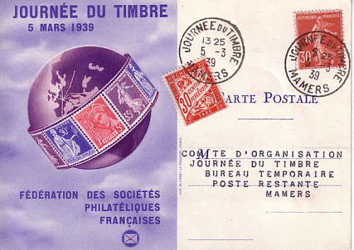Timbre à date de MamersBureau temporaire de la journée du timbre 1939
carte surtaxée à 30 centimes 
