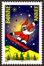 Image du timbre Bonne année - Père Noël surfant sur fond violet
