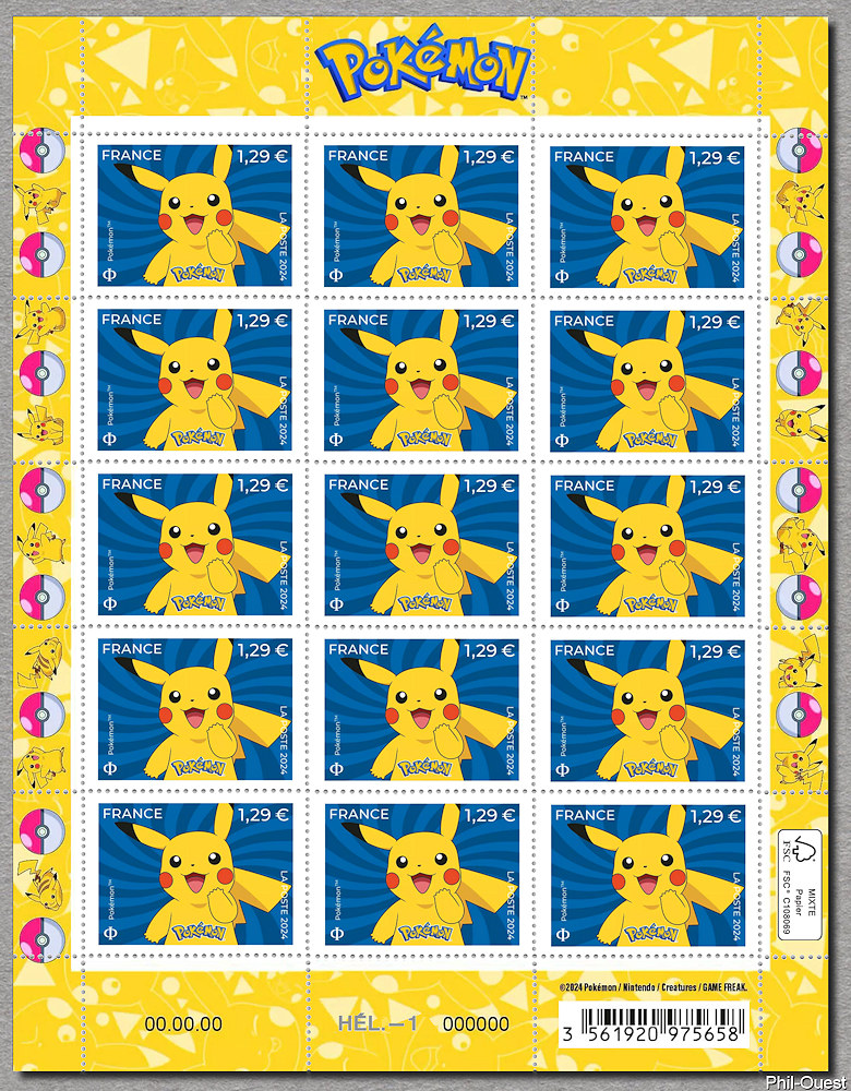 Pokémon Pikachu feuille de  15 timbres