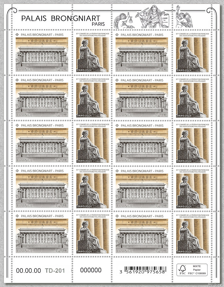 Palais Brongniart - Paris - Feuillet de 10 timbres