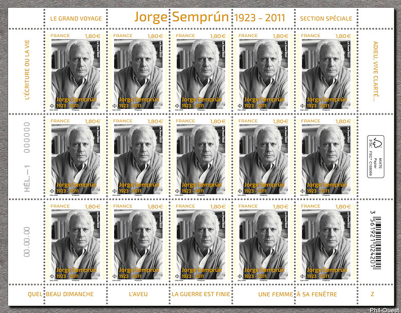Image du timbre Jorge Semprún 1923 - 2011 - Feuillet de 15 timbres