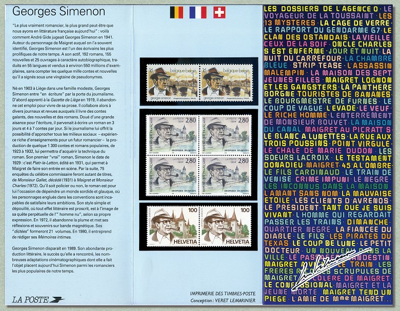 Image du timbre Pochette de l'émission commune Belgique - France - Suisse de Georges Simenon 1903-1989