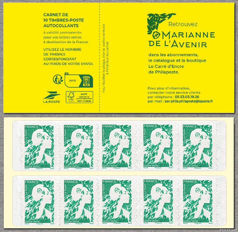 Carnet distributeur de 10 timbres autoadhésifs pour lettres vertes de 20 g  Marianne de l´Avenir - Timbre de 2023