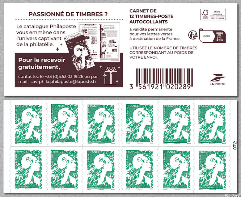 Image du timbre Carnet de 12 timbres autoadhésifs pour lettres vertes de 20 g  - Catalogue Philaposte