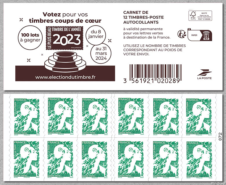 Carnet de 12 timbres autoadhésifs pour lettres vertes de 20 g  <br />  Timbres coup de cœur 2023