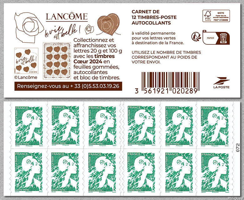 Carnet de 12 timbres autoadhésifs pour lettres vertes de 20 g  <br />  Cœur Lancôme