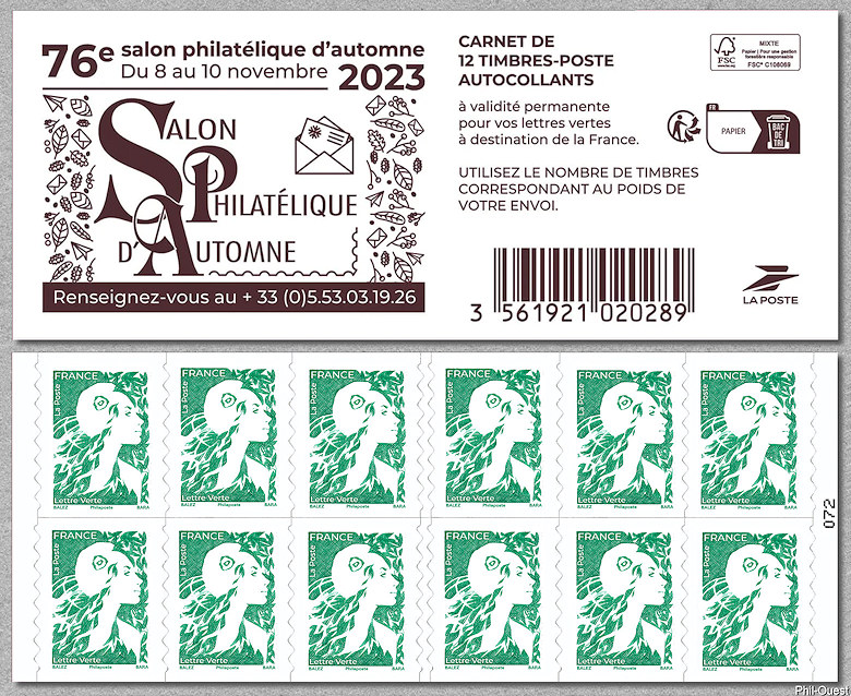 Image du timbre Carnet de 12 timbres autoadhésifs pour lettres vertes de 20 g - Salon Philatélique d'Automne