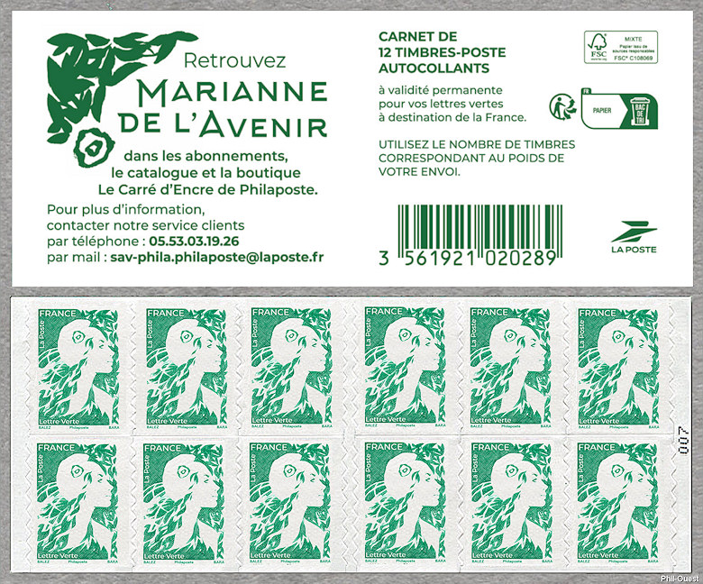 Image du timbre Carnet de 12 timbres autoadhésifs pour lettres vertes de 20 g