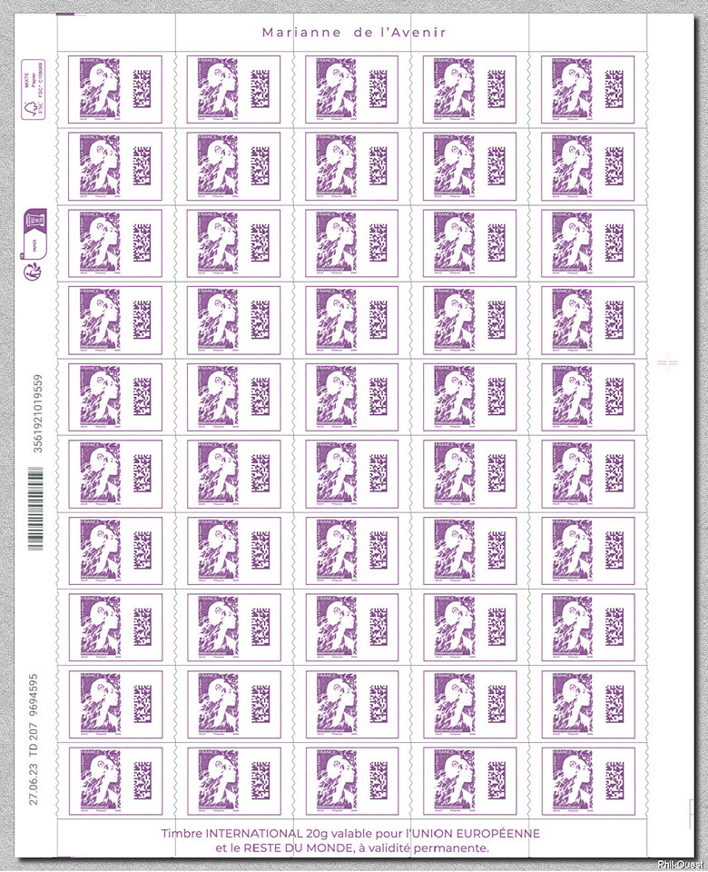 Image du timbre Feuille de 50 timbres autoadhésifs pour lettre prioritaire  pour le monde jusqu'à 20g
