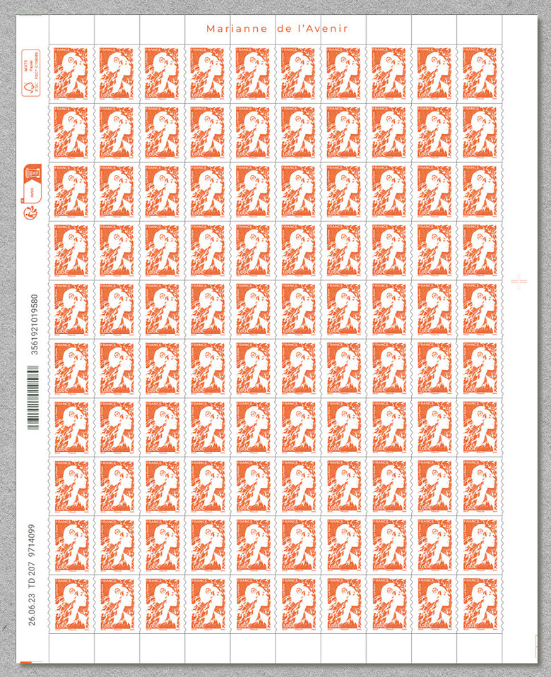 Feuille de 100 timbres autoadhésifs orange à 1 €