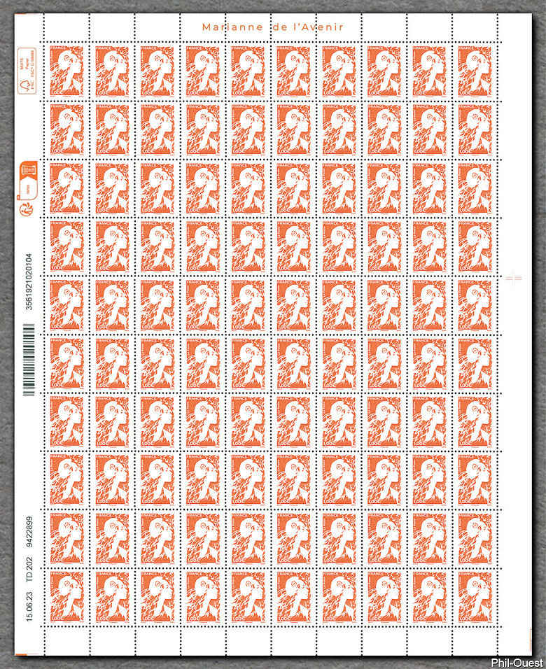Image du timbre Feuille de 100 timbres gommés orange à 1 €