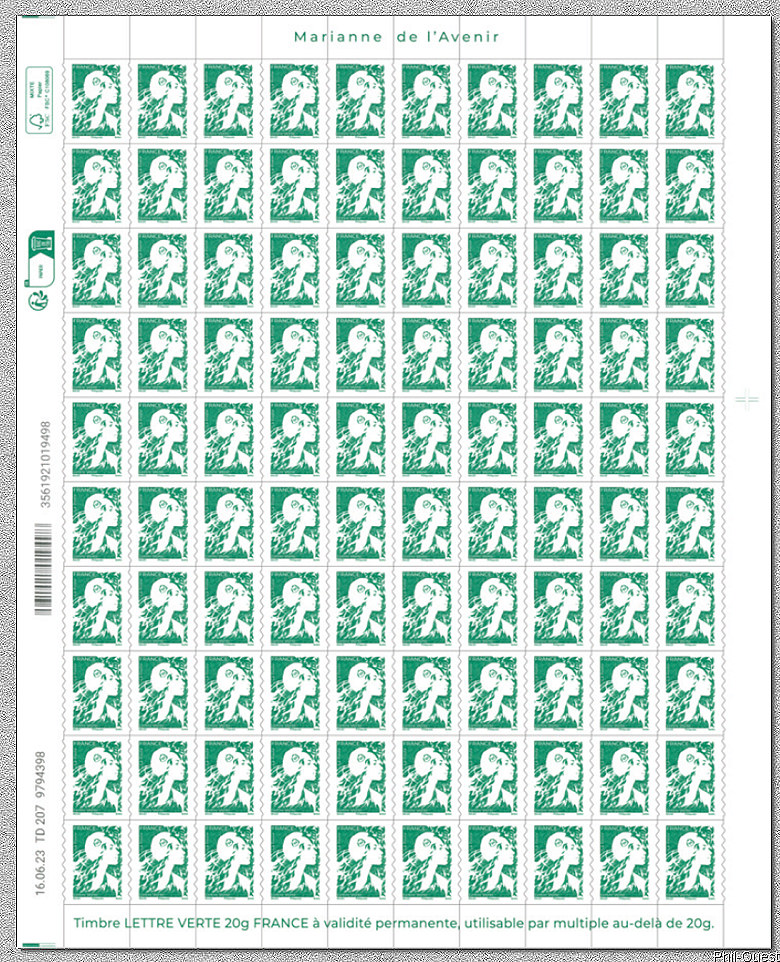 Feuille de 100 timbres autoadhésifs pour lettres vertes de 20 grammes