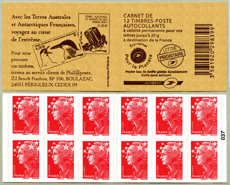 Image du timbre Carnet de 12 Marianne de Beaujard-Avec le Terres australes et Antarctiques françaises voyagez au cœur de l'extrême