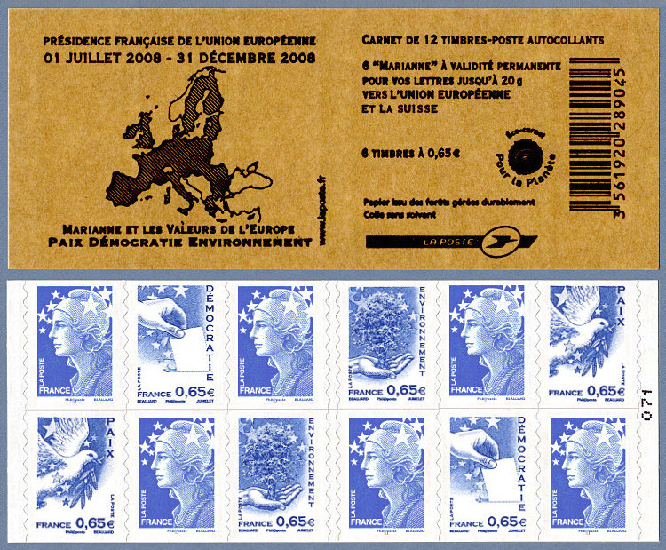 Image du timbre Carnet Marianne et les valeurs de l'Europe - Paix Démocratie Environnement