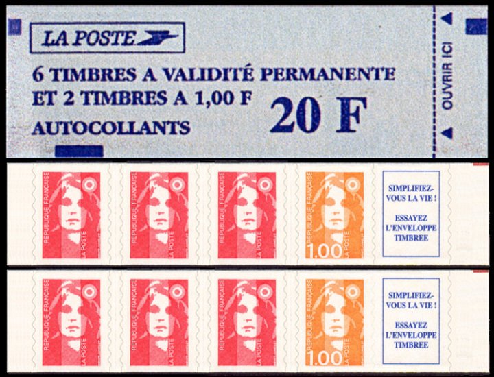 Image du timbre Carnet Marianne de Briat de 8 timbres autoadhésifs dont 6 sans valeur facial et 2 à 1F.-Simplifiez-vous la vie ! Essayez l'enveloppe timbrée.
