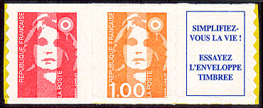 Image du timbre Diptyque issu de carnet Marianne de Briat avec un timbre sans valeur faciale, un timbre 1F orange et une vignette.-Simplifiez vous la vie ! Essayez l'enveloppe timbrée