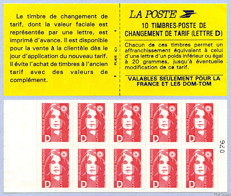 Marianne de Briat non dentelé rouge<br />Carnet de 10 timbre  sans valeur faciale - Lettre D