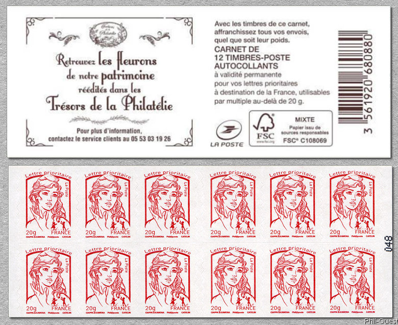 Image du timbre Carnet de 12 timbres pour lettre prioritaire de la Marianne de Ciappa et Kawena -Trésors de la Philatélie