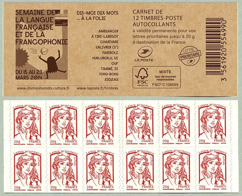 Image du timbre Carnet de 12 timbres pour lettre prioritaire de la Marianne de Ciappa et Kawena -« Semaine de la Langue Française et de  la Francophonie ». Du 15 au 23 mars 2014