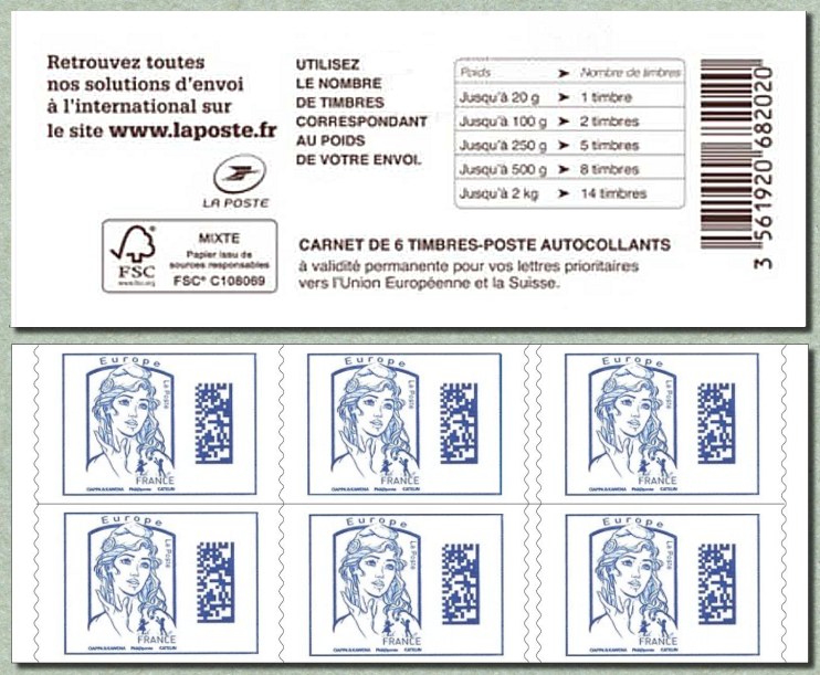 Image du timbre Marianne de Ciappa et Kawena Datamatrix Europe -Carnet de 6 timbres autoadhésifs pour l'Europe