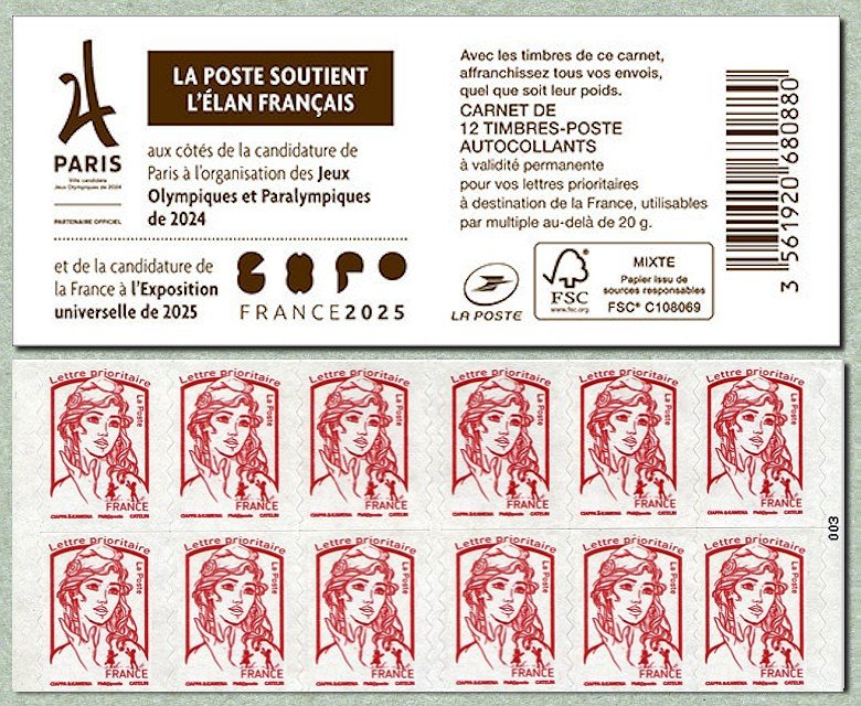 Carnet de 12 timbres pour lettres prioritaires de la Marianne de Ciappa et Kawena  
    La Poste soutient l'Élan Français aux côtés de la candidature de Paris
   à l'organisation des Jeux Olympiques et Paralympiques de 2024