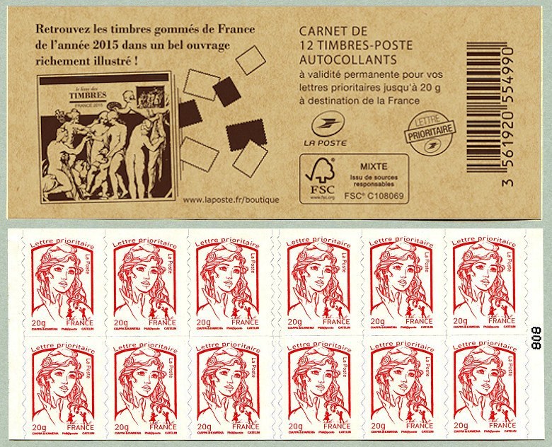 Image du timbre Carnet de 12 timbres pour lettre prioritaire de la Marianne de Ciappa et Kawena - Le livre des timbres 2015