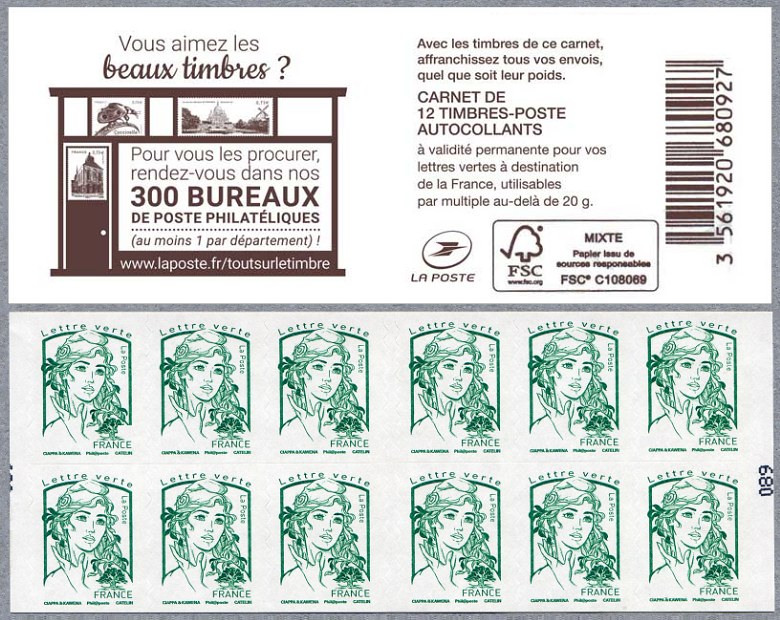 Image du timbre Carnet de 12 timbres pour lettre verte de la Marianne de Ciappa et Kawena -  Vous aimez les beaux timbres ?