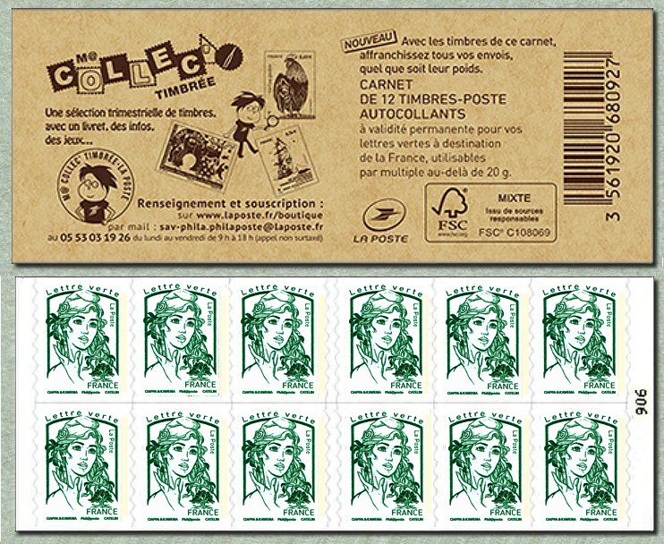 Image du timbre Carnet de 12 timbres pour lettre verte de la Marianne de Ciappa et Kawena - M@ COLLEC TIMBRÉE