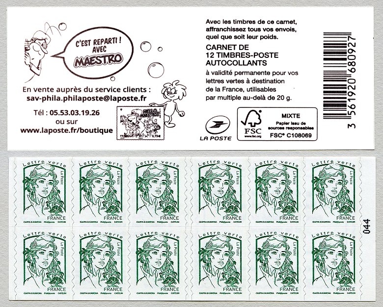 Image du timbre Carnet de 12 timbres pour lettre verte de la Marianne de Ciappa et Kawena -  C'est reparti avec MAESTRO :