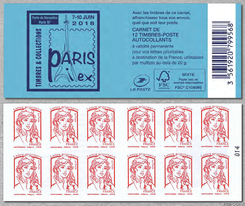 Image du timbre Carnet de 12 timbres pour lettre prioritaire de la Marianne de Ciappa et Kawena -PHILEX Paris du 7 au 10 juin 2018