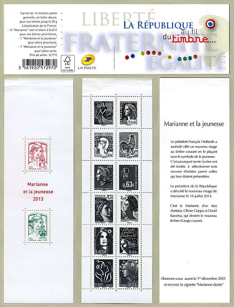 Image du timbre Carnet « La Vème République au fil du timbre de 1959 à 2013»- Carnet en taille-douce gommé, à deux feuillets.