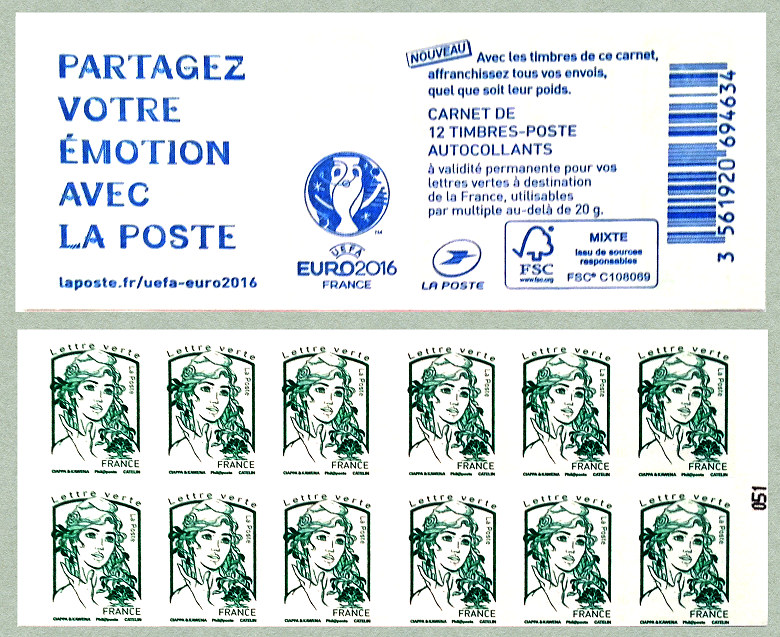 Image du timbre Carnet de 12 timbres pour lettre prioritaire de la Marianne de Ciappa et Kawena  - « UEFA Euro  2016 »