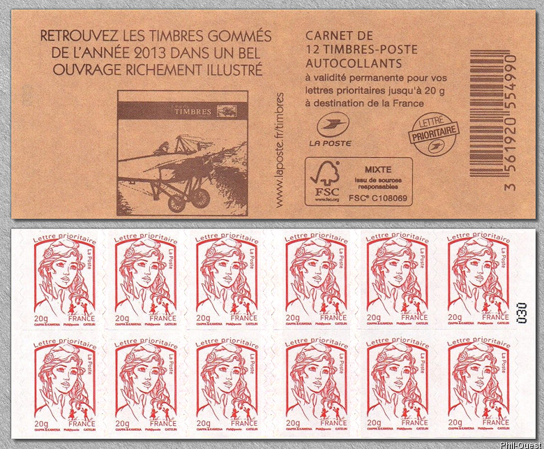 Image du timbre Carnet de 12 timbres pour lettre prioritaire de la Marianne de Ciappa et Kawena «Le livre des timbres 2013»