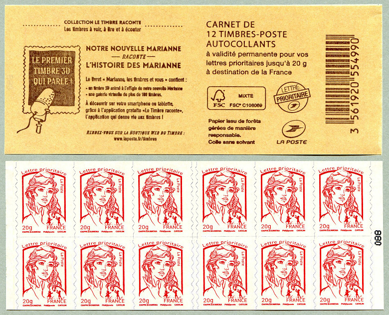 Image du timbre Carnet de 12 timbres pour lettre prioritaire de la Marianne de Ciappa et Kawena