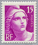 Image du timbre Marianne de Gandon 15 F lilas-rosetaille-douce petit format