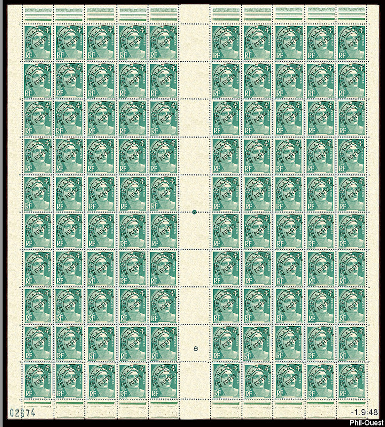 Image du timbre Feuille de 100 timbres de la Marianne de Gandon 4 F émeraude préoblitéré