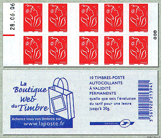Image du timbre Carnet Marianne de Lamouche  Phil@poste 
-
Autoadhésif rouge sans valeur faciale
-
La boutique web du timbre